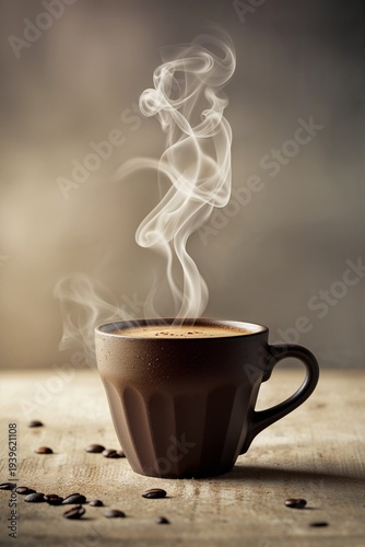 Warm coffee cup with steam rising on wooden table with coffee beans