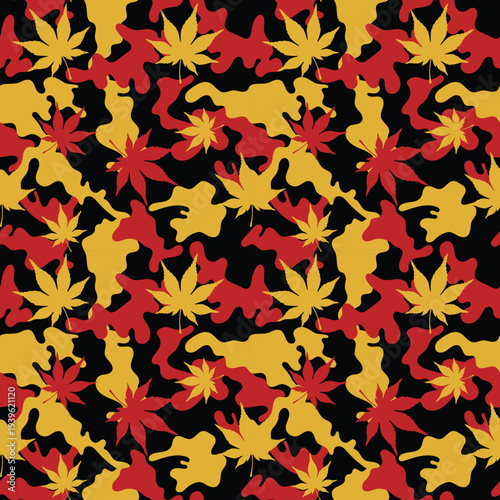 Description (80 letters):
Seamless pattern with red yellow marijuana leaves on black bold camouflage desig
