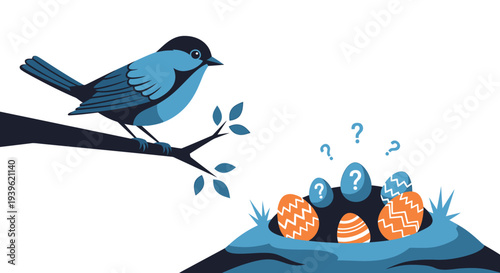 Bird watching eggs in the nest with curiosity and wonder.