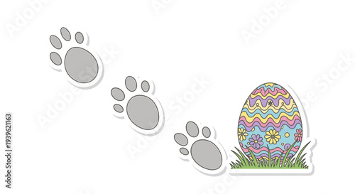 Colorful Easter egg with footprints leading to it.