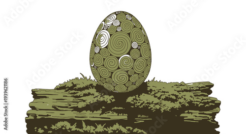 Decorative green Easter egg on a grassy surface.