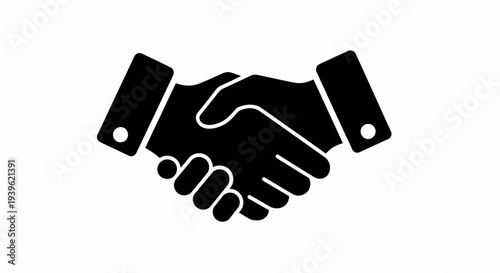 Two black hands shaking in agreement on a white background representing partnership and business