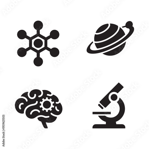 Black silhouettes depicting science space and the human brain