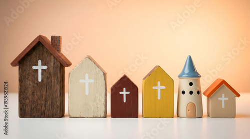 Miniature church buildings with crosses in a row, concept of faith and community