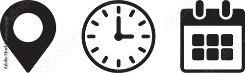 Location, Time, and Date Icon Set – Black and White
