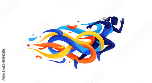 Dynamic female runner in motion, surrounded by a vibrant, flowing abstract energy trail