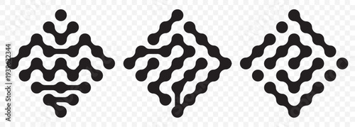  Abstract geometric figures of connected molecules. Pattern of black metaballs isolated. Modern geometric shapes of liquid connected drops. Vector illustration on transparent background. 