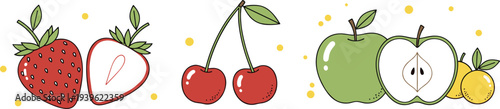 Set of hand drawn fruit illustrations featuring red strawberries, juicy cherries, green apples, and yellow citrus isolated on white background for healthy food design.