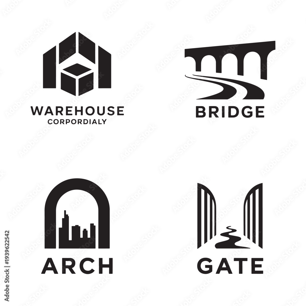 Fototapeta premium Four minimalist black and white logos warehouse bridge arch and gate