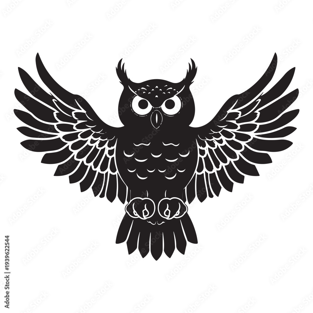 Obraz premium Black owl flying wings spread vector illustration flat design