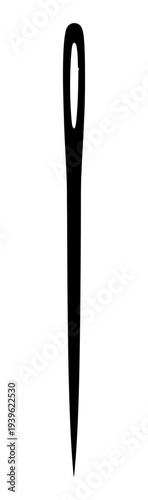 Simple black metal sewing needle with sharp tip and oval eyelet for threading fabric