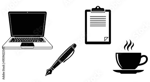 Workspace essentials including laptop, clipboard, fountain pen, and coffee cup arranged neatly on a plain white background for a productive work session or office setting.