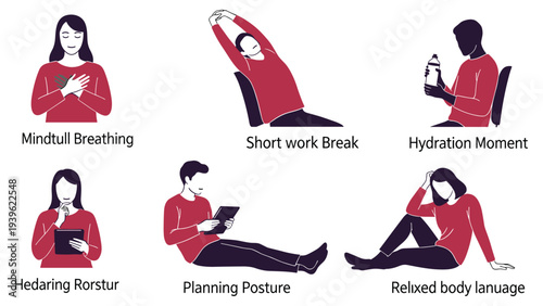 Mindfulness wellness breathing hydration posture relaxation activity vector illustrationMindfulness wellness breathing hydration posture relaxation activity vector illustration
