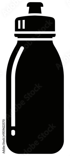 Simple black silhouette of a reusable water bottle with a flip top lid and drinking spout on a white background