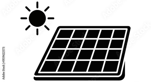 Solar panel graphic illustration symbolizing renewable energy generation and sustainability with a sun icon representing solar power and energy efficiency