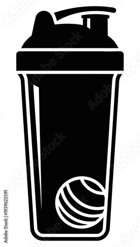 Simple black and white illustration of a protein shaker bottle with a ball inside for mixing supplements and nutrition on the go for fitness enthusiasts.