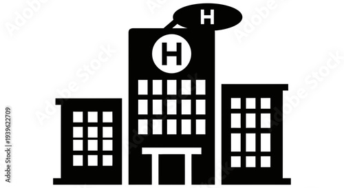 Hospital building icon with a cross symbol on a white background representing healthcare services and medical facilities in a simple graphic design.