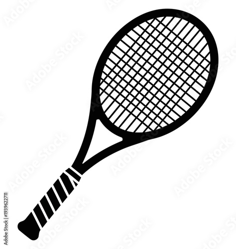 Tennis racket illustrated in a simple black and white graphic design style for sports equipment and athletic activities symbolizing tennis gameplay