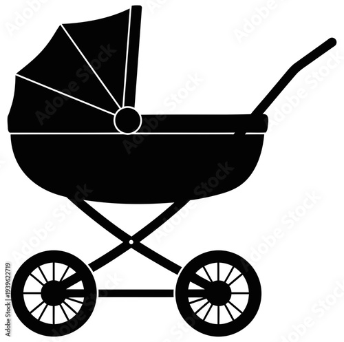 Black silhouette of a baby stroller or pram with a hood and handle on a white background symbolizing parenting and childcare.