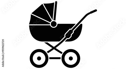 Black silhouette illustration of a baby stroller with a hood and wheels on a white background symbolizing parenting and childcare needs