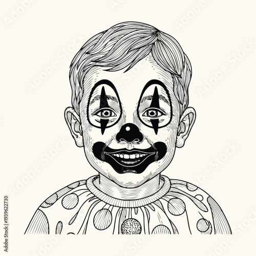Detailed line art portrait of a smiling young clown boy in costume