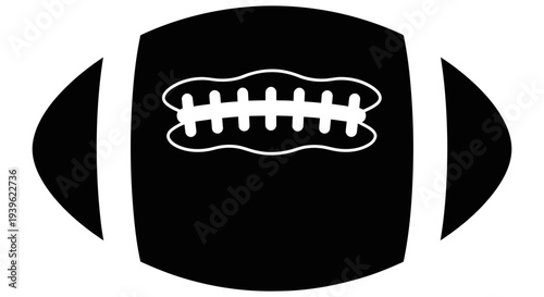 Simple black and white graphic illustration of an american football viewed from the front showcasing its distinctive laces and shape