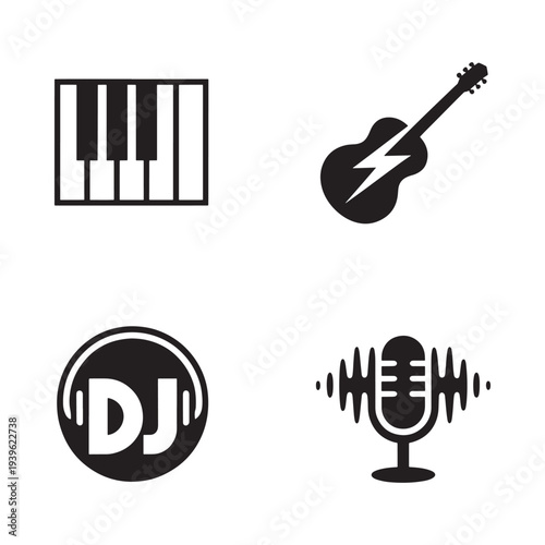 Musical instruments and audio equipment icons in a simple black and white design