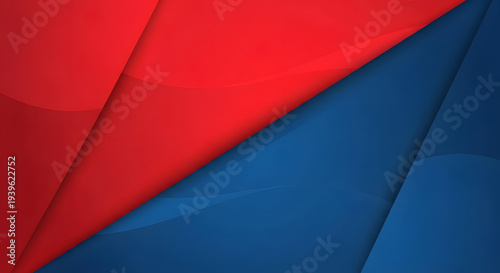 Modern abstract background with dynamic overlapping red and blue geometric shapes and subtle wavy textures