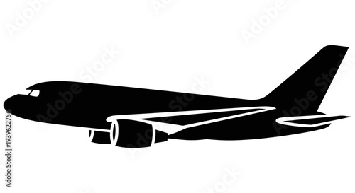 Simple black silhouette of a commercial airplane flying in profile view against a plain white background showcasing its sleek design and aerodynamic features in a minimalist style.