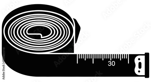 Black and white illustration of a retractable tape measure with 30 centimeters marked on a plain white background