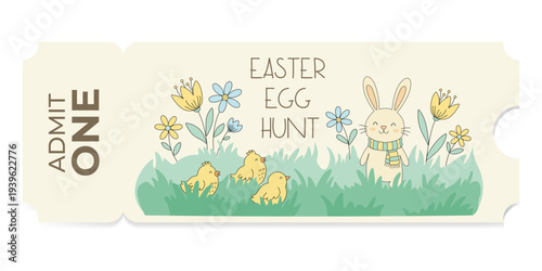 Easter egg hunt invitation ticket with vector illustration of cute rabbit and baby chicken in grass with flowers. Festival entry pass for children holiday activity in spring season.