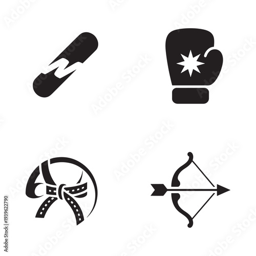 Black and white icons depicting winter sports and archery equipment
