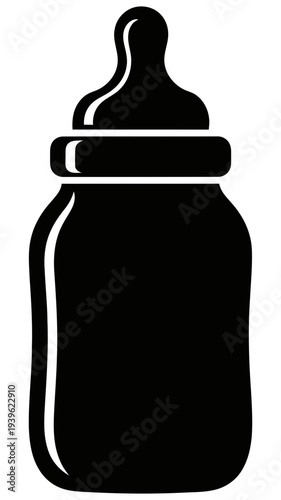 Simple black silhouette of a baby bottle with a nipple on a white background symbolizing infant care and feeding