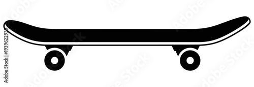Simple black skateboard illustration with minimalist design and clean lines on a white background