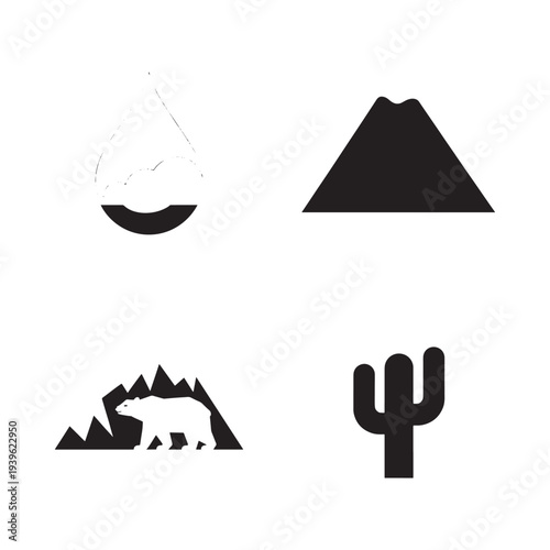 Minimalist black and white graphic design featuring mountains water and symbols