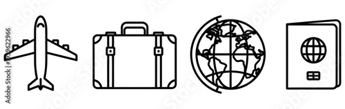 Travel icons set featuring airplane, luggage, globe, and passport symbolizing journey and exploration for tourism and adventure enthusiasts worldwide.