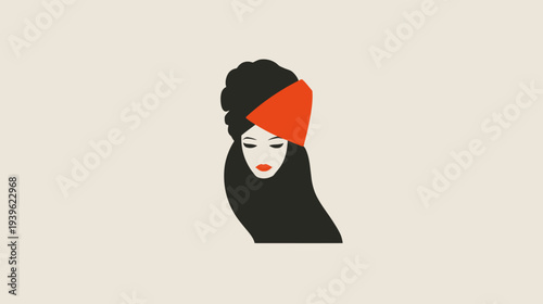 Stylish woman with elegant dark hair and red headwear. Modern minimalist portrait of a beautiful female face.