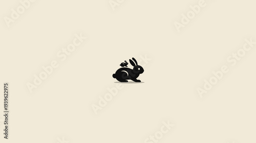 Charming minimalist black rabbit silhouette carrying a small companion on its back, simple graphic illustration of animal friendship.