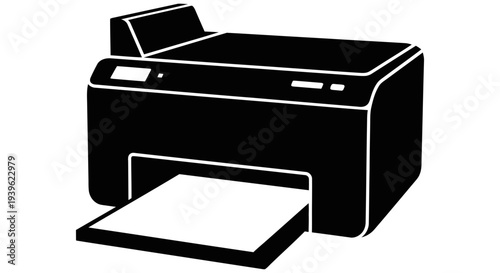 Simple black and white illustration of a printer with paper tray open and blank paper ready for printing documents and images