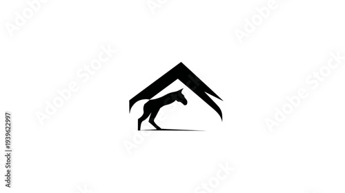 Stylized black silhouette of a horse under a simple roof structure on a white background, representing pet shelter, stable, or animal care.