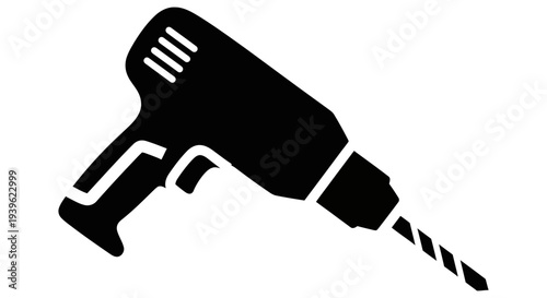 Black silhouette illustration of a handheld electric drill on a white background representing tools and hardware for construction and DIY projects effectively.