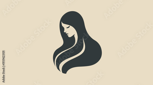 Elegant minimalist illustration of a beautiful woman's profile with long, flowing dark hair, representing beauty, grace, and serenity.