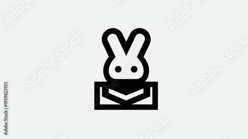 Minimalist black and white icon of a stylized rabbit head, appearing intelligent or professional, emerging from a graphic element.