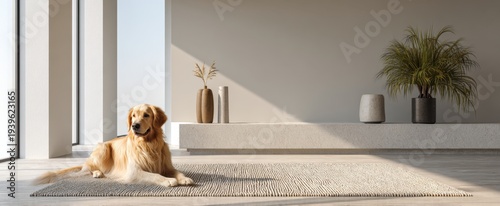 Golden retriever dog lying on rug in bright minimal living room with natural light for pet lifestyle design, card, poster, background