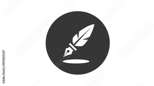 Dark gray circle icon with a white classic quill pen, symbolizing writing, education, literature, and creative content creation.