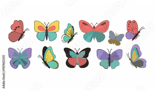Colorful butterflies isolated vector collection with bright spring wings for kids illustration