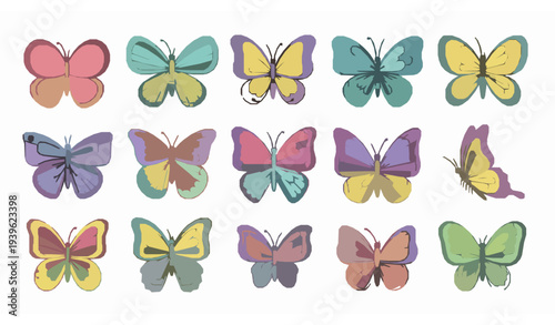 Cute colorful butterfly collection with spring pastel palette for kids vector illustration set