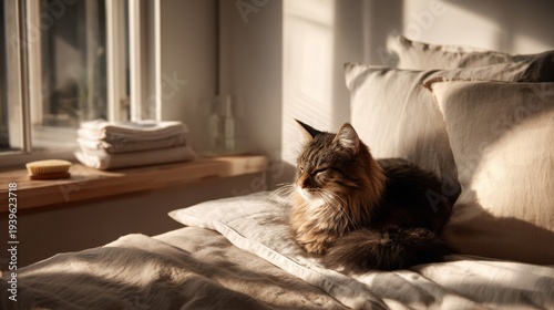 Brown tabby cat lounging on pillow in soft sunlight in cozy bedroom for design, poster, background