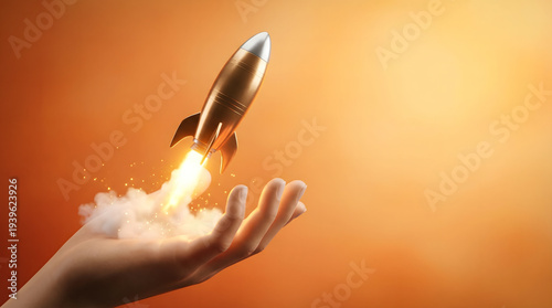 Tapety artystyczne Rocket Launching from Open Hand on Orange Background