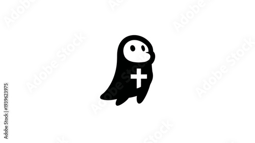 Cute cartoon ghost character with a white cross icon, religious symbol illustration, minimalist spiritual design element
